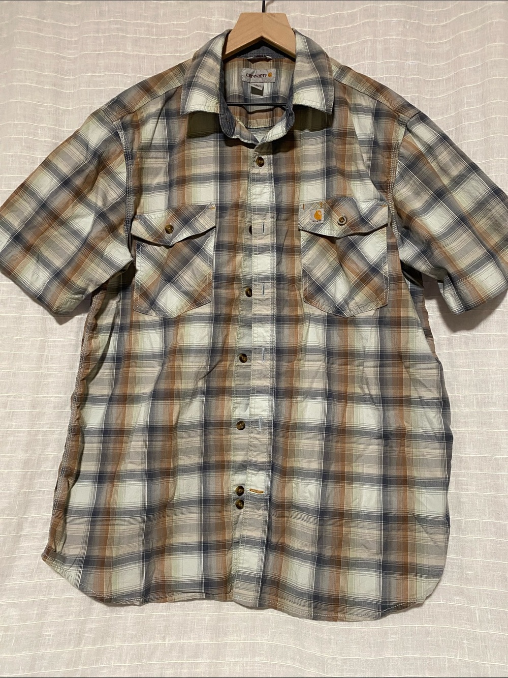 Carhartt Plaid Short Sleeve Button-Down Shirt - Brown, Blue, Cream